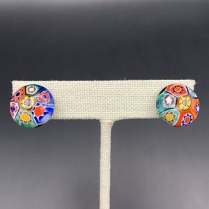 Millefiori Glass Clip On Earrings Small Domed Round Multicolor Vintage